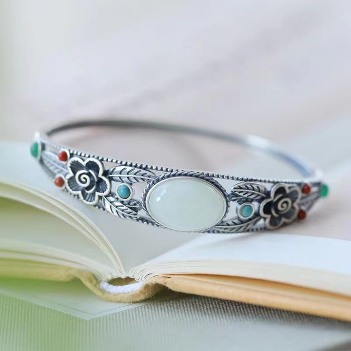 Bracelet jonc porte-bonheur en Buddha Stones, jade cyan, jade blanc, fleur, feuille