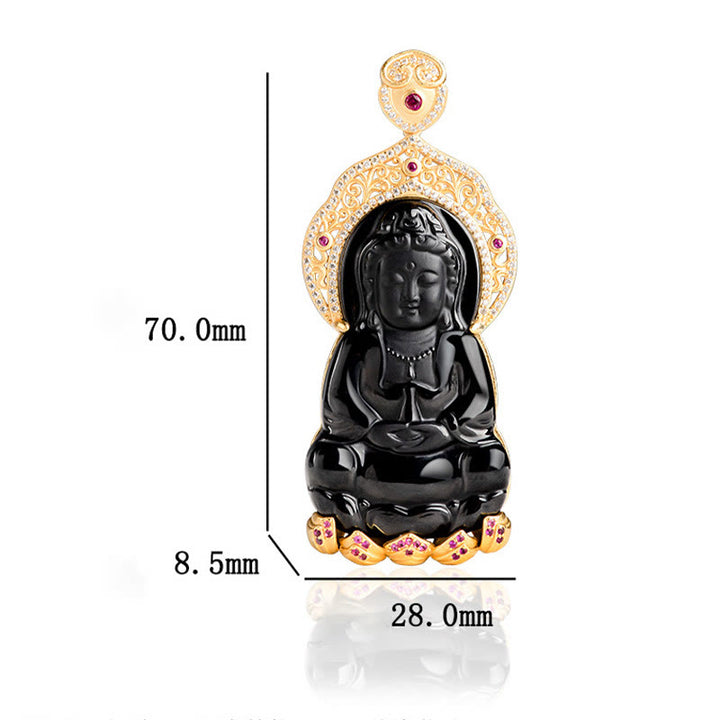 Collier pendentif en jade noir naturel Kwan Yin Avalokitesvara, symbole de richesse, avec chaîne en acier titane et Buddha Stones. - image 9
