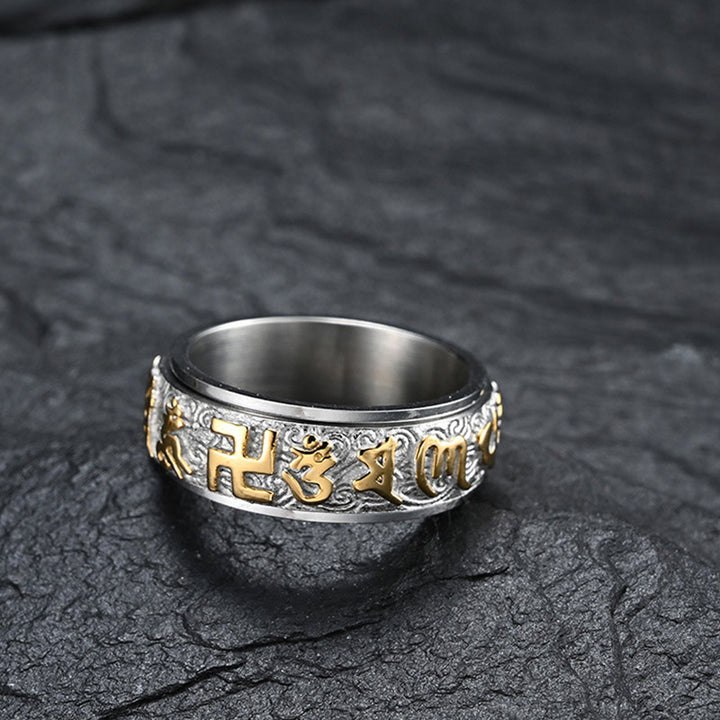 Bague en acier titane Buddha Stones Six True Words Équilibre Calme
