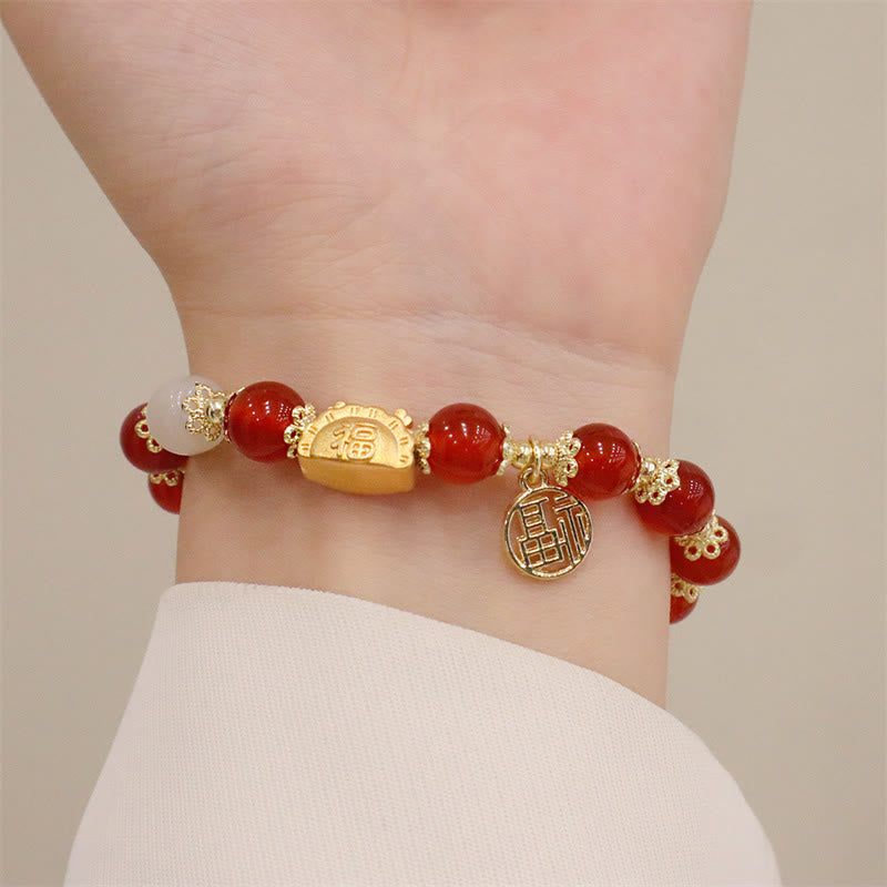 Buddha Stones Année du Dragon Agate Rouge Quartz Fraise Obsidienne Noire Jade Grenat Perle Cinabre Dumpling Dragon Luck Fu Bracelet Caractère