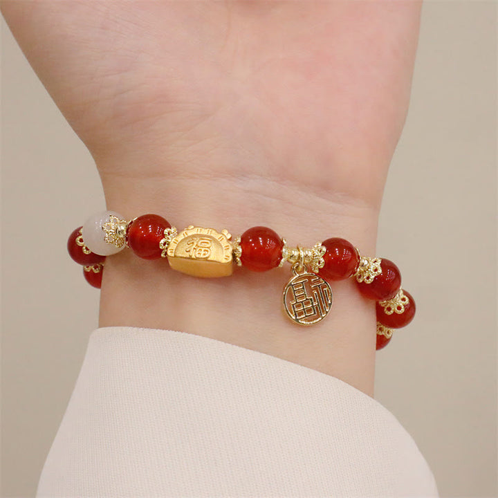 Buddha Stones Année du Dragon Agate Rouge Quartz Fraise Obsidienne Noire Jade Grenat Perle Cinabre Dumpling Dragon Luck Fu Bracelet Caractère