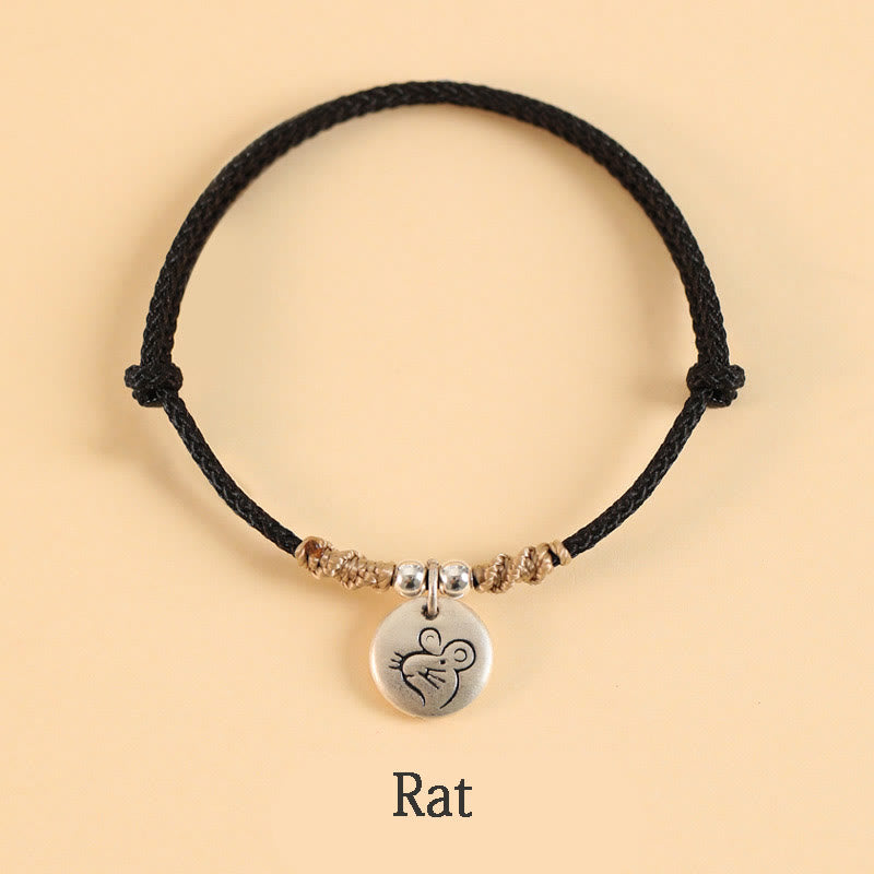 Bracelet tressé en argent sterling 999 fait main avec Buddha Stones Année du Dragon, joli signe du zodiaque chinois - Corde noire - Rat (tour de poignet 14-17 cm) - image 25