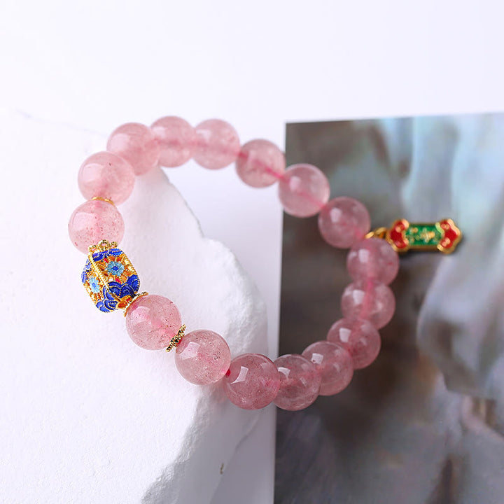 Bracelet à breloques Ruyi positif en quartz fraise et Buddha Stones