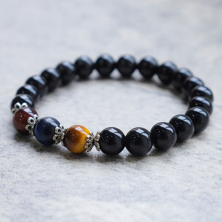 Bracelet de force en obsidienne noire naturelle et œil de tigre tricolore