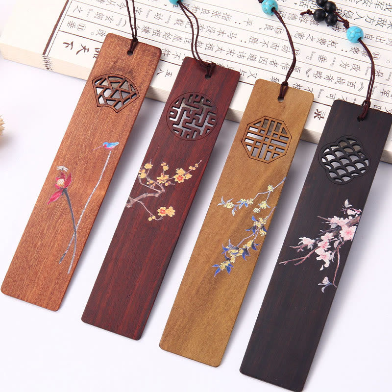 Lot de 4 marque-pages en bois avec Buddha Stones , orchidée, prunier, bambou, chrysanthème, masque d'opéra de Pékin, avec boîte cadeau