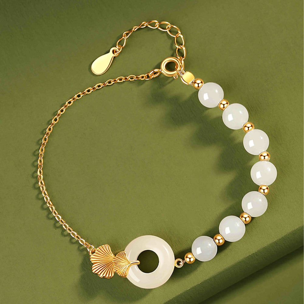 Bracelet Buddha Stones -bonheur en argent sterling 925 avec boucle de paix en jade blanc Hetian et feuilles de ginkgo - image 1