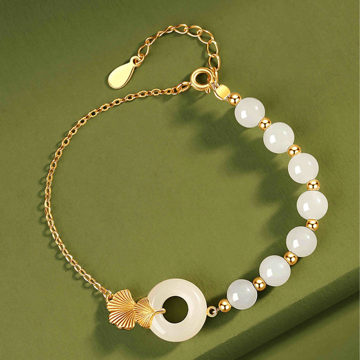 Bracelet Buddha Stones -bonheur en argent sterling 925 avec boucle de paix en jade blanc Hetian et feuilles de ginkgo - image 1