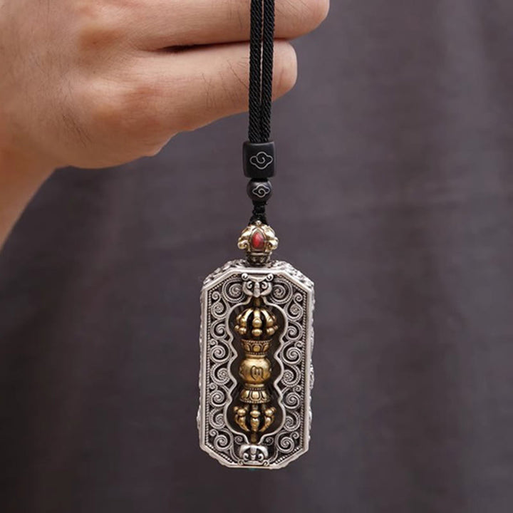 Collier pendentif en corde de pureté Buddha Stones tibétaines Om Mani Padme Hum sculptées Dorje Vajra motif lotus rotatif