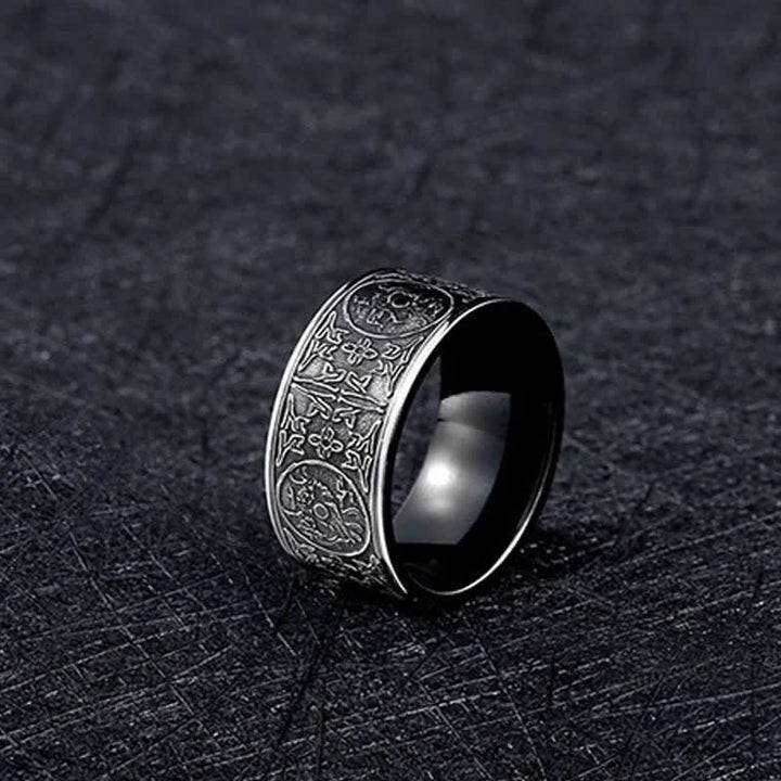 Bague porte-bonheur sculptée en basalte de Suzaku avec quatre Buddha Stones, dragon, bête gardienne, tigre blanc