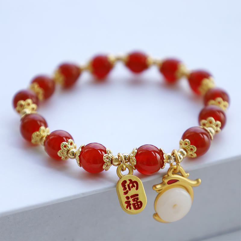 Bracelet porte-bonheur avec boucle de paix et personnage Fu en agate rouge et aventurine verte de l'année du Buddha Stones