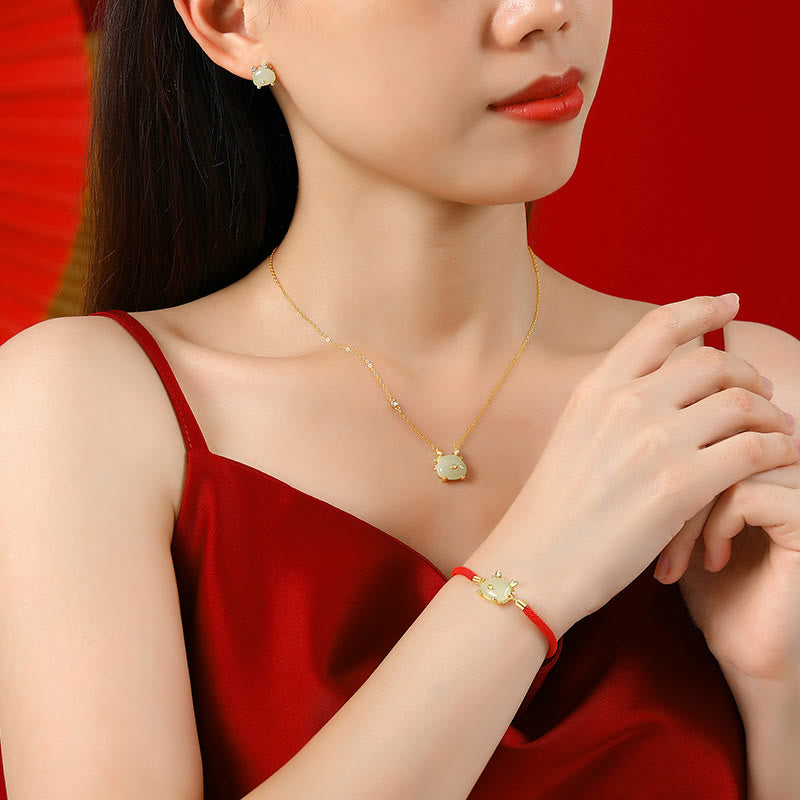 Buddha Stones en argent sterling 925 Année du dragon Jade Hetian naturel Agate rouge Bracelet de protection du dragon mignon Collier Pendentif Boucles d'oreilles