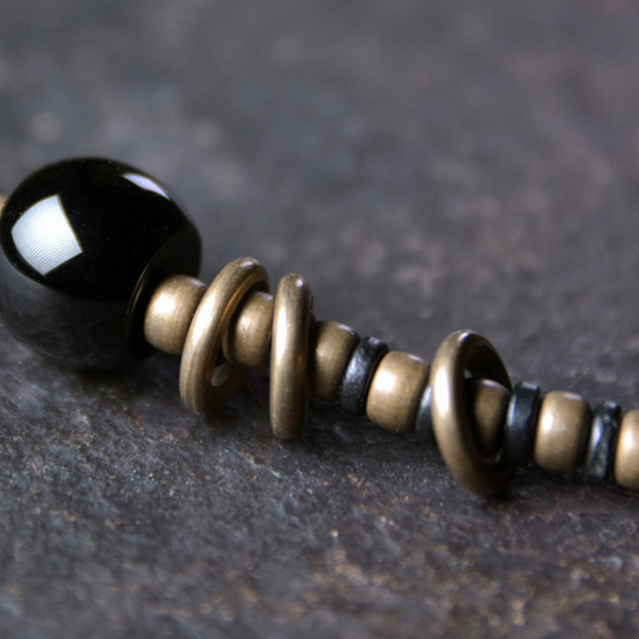 Collier pendentif en perles de Dzi en bois d'ébène et Buddha Stones en cuivre pour couple de paix