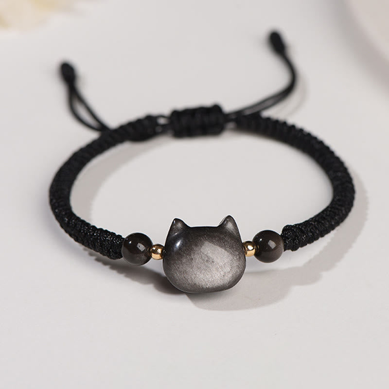 Bracelet tressé fait main en obsidienne naturelle argentée et brillante en quartz fraise avec protection pour chat mignon - Obsidienne argentée (Communication ♥ Apaisante) - Joli chat - image 6