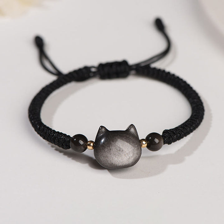 Bracelet tressé fait main en obsidienne naturelle argentée et brillante en quartz fraise avec protection pour chat mignon - Obsidienne argentée (Communication ♥ Apaisante) - Joli chat - image 6