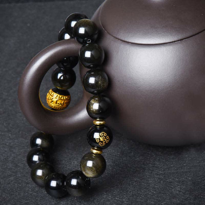 Bracelet de protection de richesse en obsidienne dorée avec Bouddha du zodiaque chinois