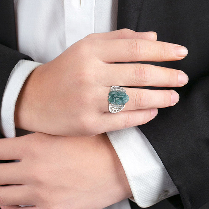 Bague porte-bonheur en jade PiXiu Fengshui en argent sterling 925 Buddha Stones