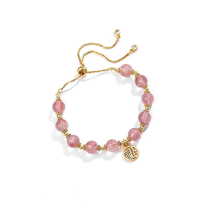 Bracelet à breloques positives en quartz fraise naturel plaqué or 14 carats de Buddha Stones