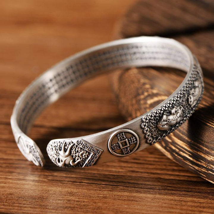 Bracelet de richesse en cuivre blanc avec pièce de monnaie tibétain PiXiu Heart Sutra en pierres de Buddha Stones Bracelet réglable