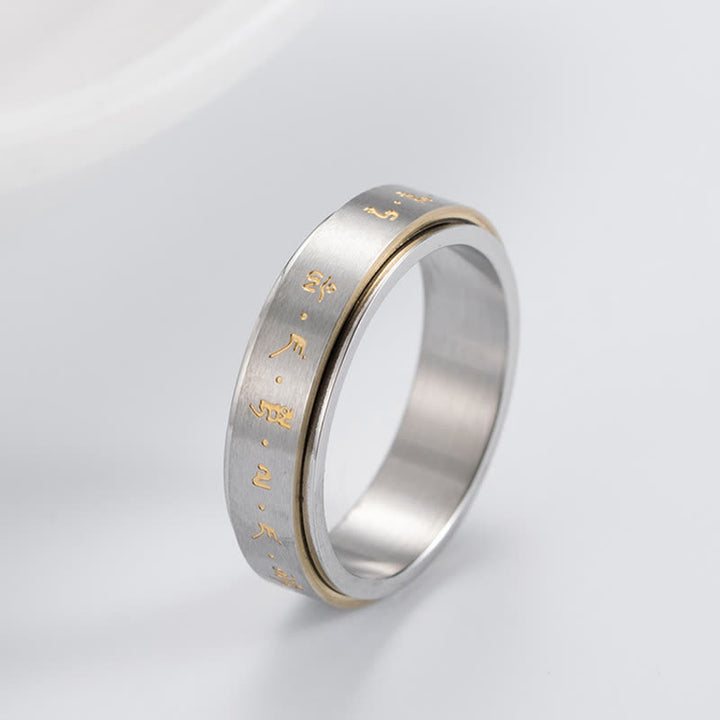 Bague rotative d'équilibre en acier titane avec mantra Buddha Stones