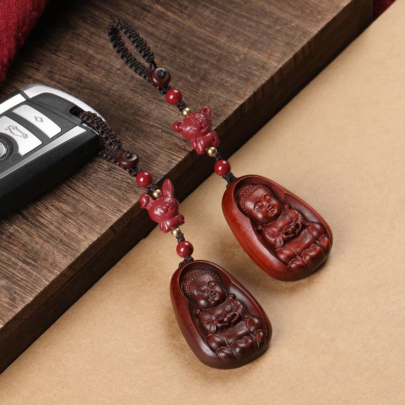 Porte-clés de protection en Buddha Stones en bois de santal rouge à petites feuilles, amulette du zodiaque chinois en cinabre