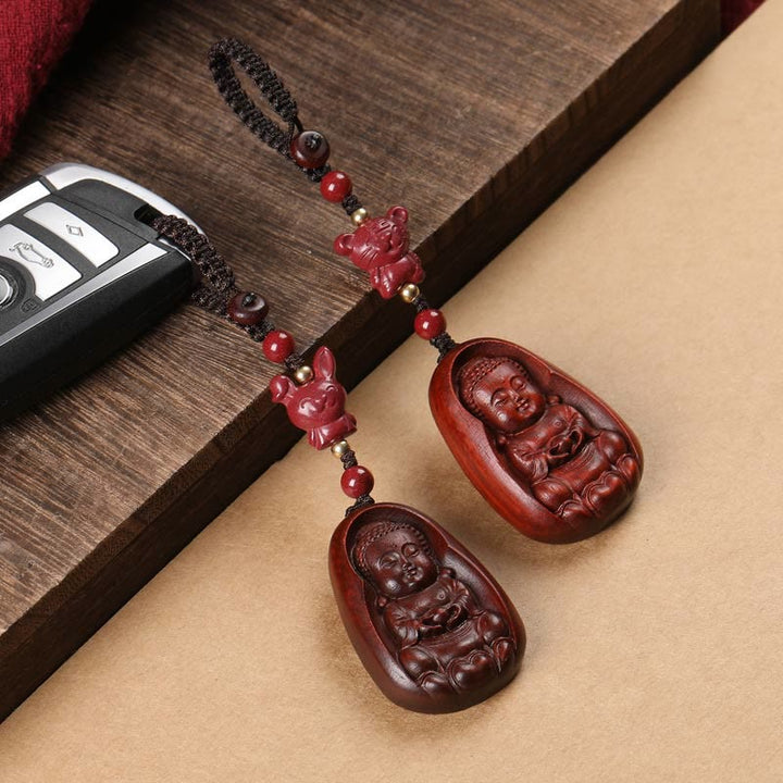 Porte-clés de protection en Buddha Stones en bois de santal rouge à petites feuilles, amulette du zodiaque chinois en cinabre