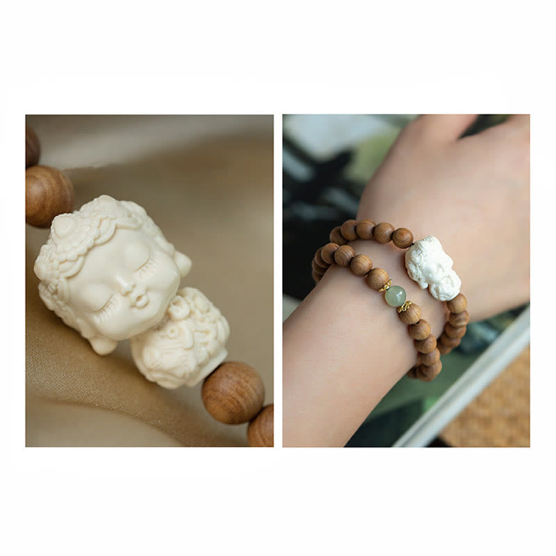 Bracelet de protection Tara verte en Buddha Stones en bois de santal et jade Hetian