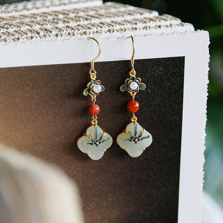 Boucles d'oreilles en cuivre et jade porte-bonheur trèfle à quatre feuilles Buddha Stones