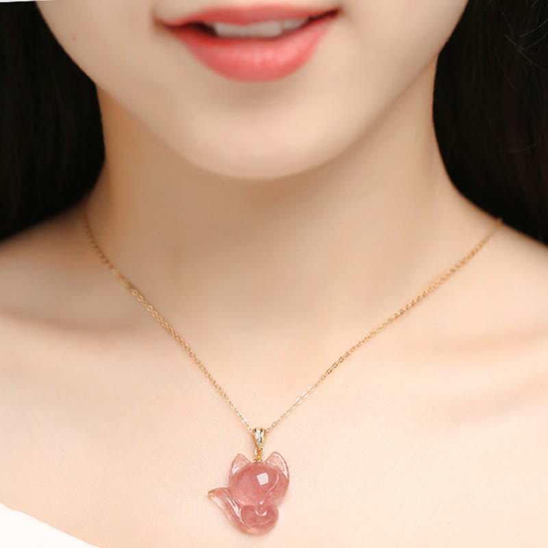 Collier pendentif de guérison en quartz fraise et renard en argent sterling 925 plaqué or 14 carats de Buddha Stones