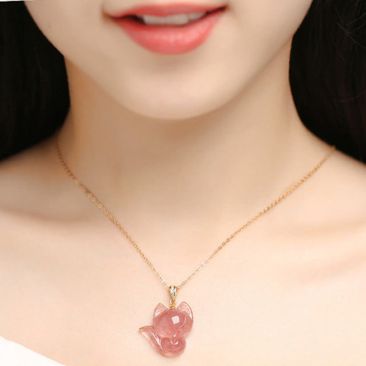 Collier pendentif de guérison en quartz fraise et renard en argent sterling 925 plaqué or 14 carats de Buddha Stones