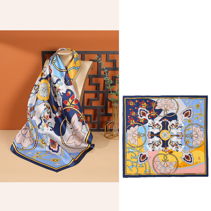 Foulard pour cheveux en soie de mûrier 100 % Buddha Stones et scène pastorale en montgolfière - Fleurs bleu marine - image 19