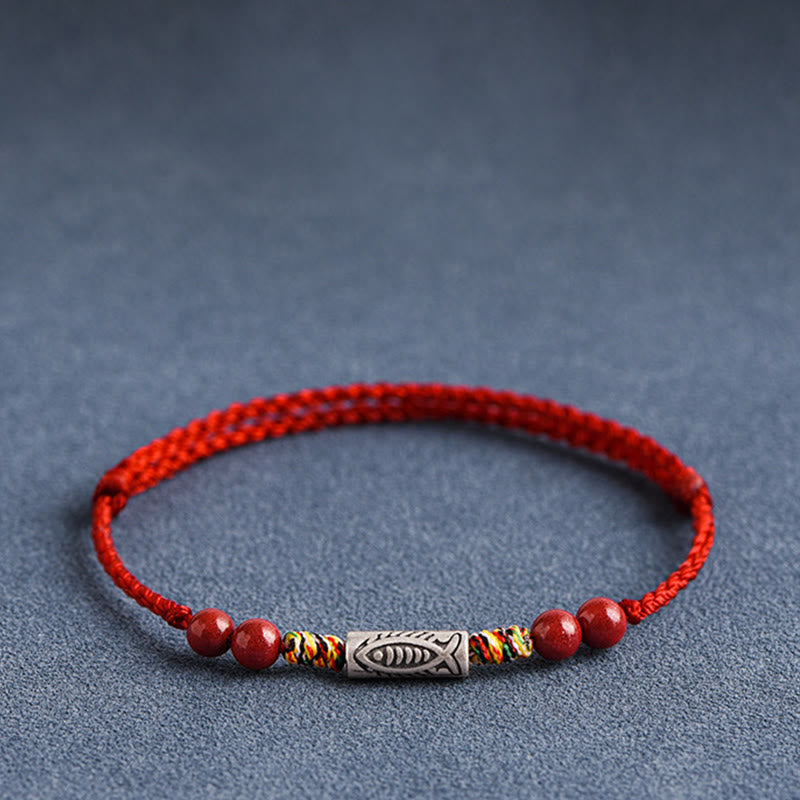Bracelet de cheville tressé artisanal en argent sterling 925 avec perles de cinabre et poisson koï de Buddha Stones