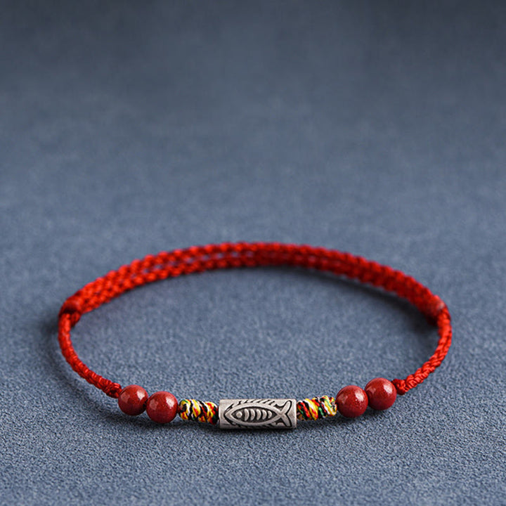 Bracelet de cheville tressé artisanal en argent sterling 925 avec perles de cinabre et poisson koï de Buddha Stones