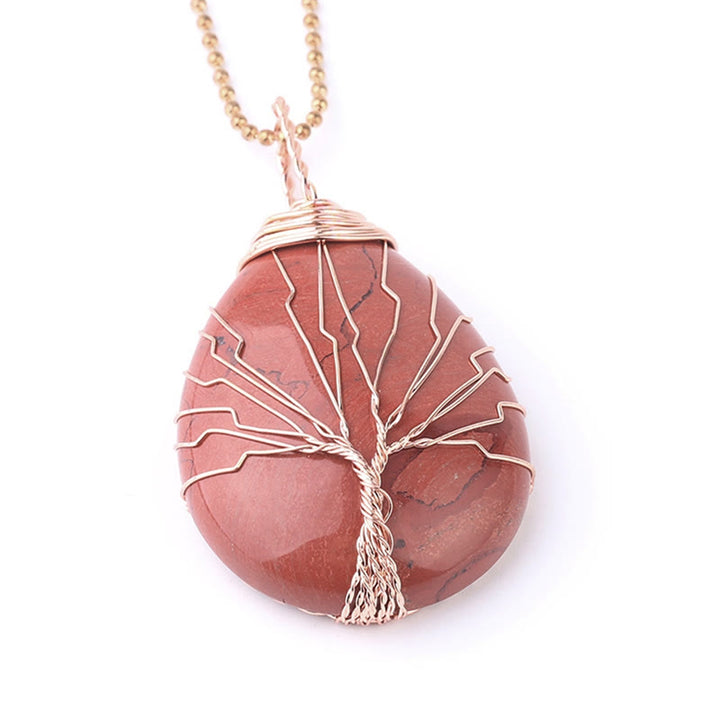 Collier pendentif en cristal de quartz naturel avec énergie de guérison de l'arbre de vie en Buddha Stones - Arbre en jaspe rouge et or rose - image 22