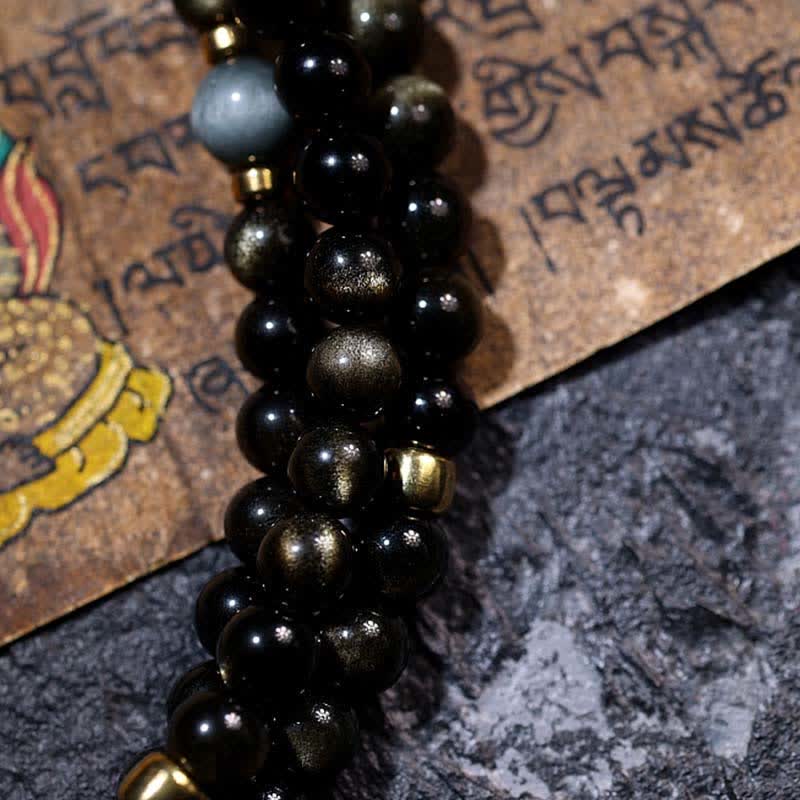 Bracelet de richesse en pierre d'oeil de tigre et d'aigle avec 108 Buddha Stones de Mala en obsidienne dorée brillante