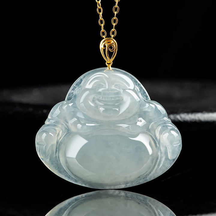 Collier pendentif Bouddha rieur en jade naturel et or 18 carats - Jade - image 1