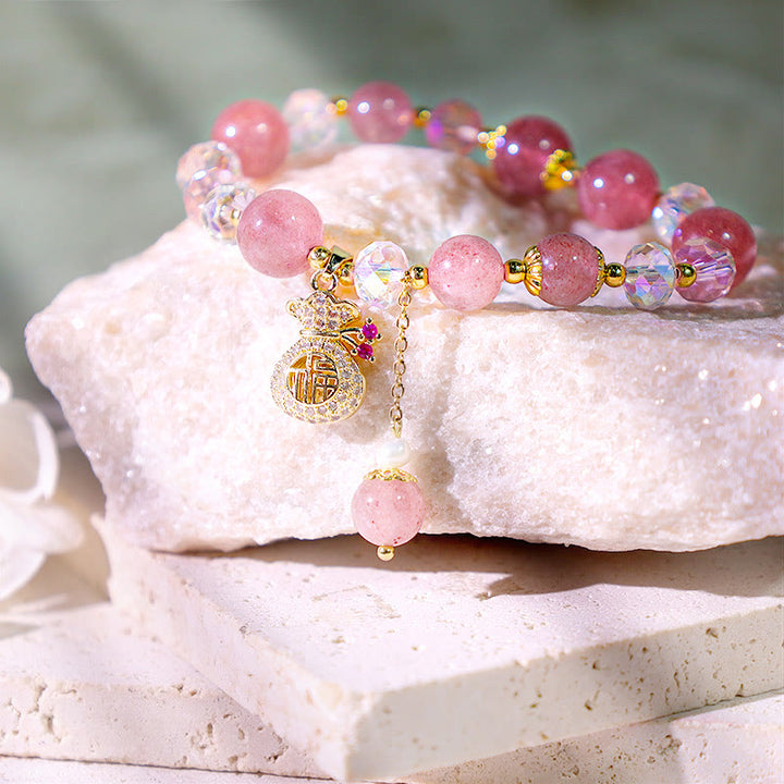 Bracelet porte-monnaie en cristal de quartz fraise naturel Buddha Stones