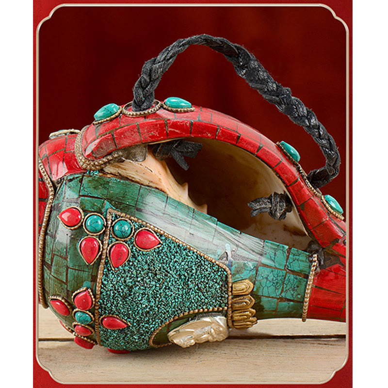 Tibétain fait à la main Shankha Om Mani Padme Hum bouddha Avalokitesvara coquille de conque Turquoise décoration positive - image 8