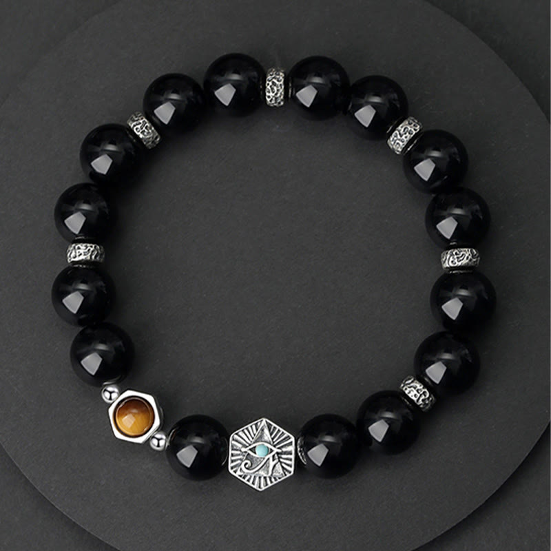 Bracelet de purification en argent sterling 925 avec Buddha Stones noire et œil de tigre de la Providence