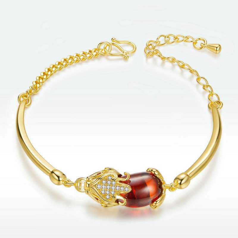 Bracelet Feng Shui en agate rouge dorée PiXiu pour la richesse et la chance