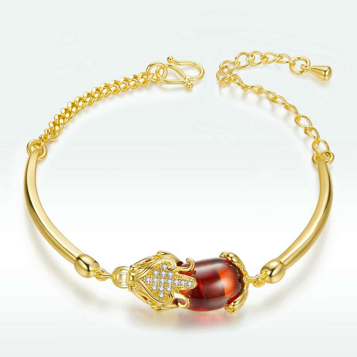 Bracelet Feng Shui en agate rouge dorée PiXiu pour la richesse et la chance