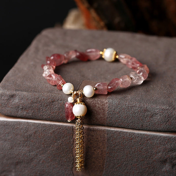 Bracelet de guérison d'amour plaqué or 14 carats avec perles de quartz fraise naturelles