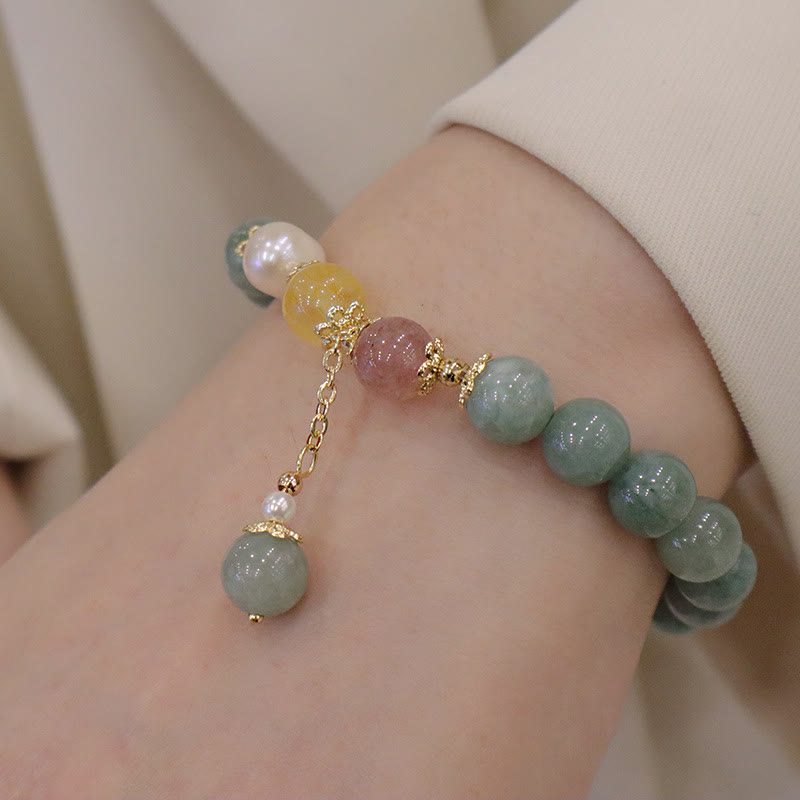 Bracelet porte-bonheur en perles de jade et quartz fraise avec Buddha Stones