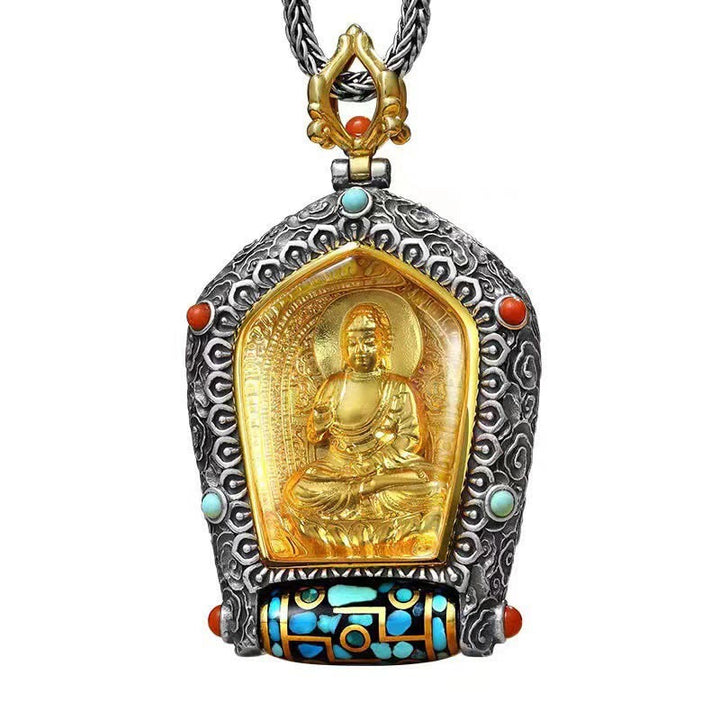 Collier avec pendentif en perles Dzi rotatives du zodiaque chinois tibétain Thangka Bouddha de la prospérité