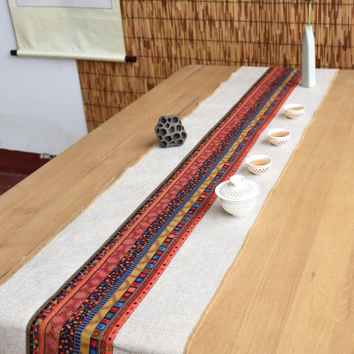 Chemin de table en coton et lin avec pompons, Buddha Stones, style chinois classique, lotus, poisson koï, fleur, grue, calligraphie, illumination