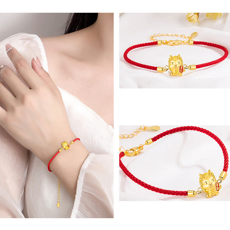 Bracelet chaîne corde rouge en argent sterling 925 Buddha Stones Année du Dragon Chanceux Force du Dragon Doré