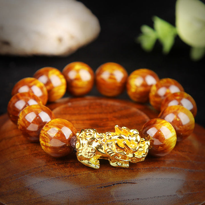 Bracelet Pixiu abondant en œil de tigre doré et Buddha Stones