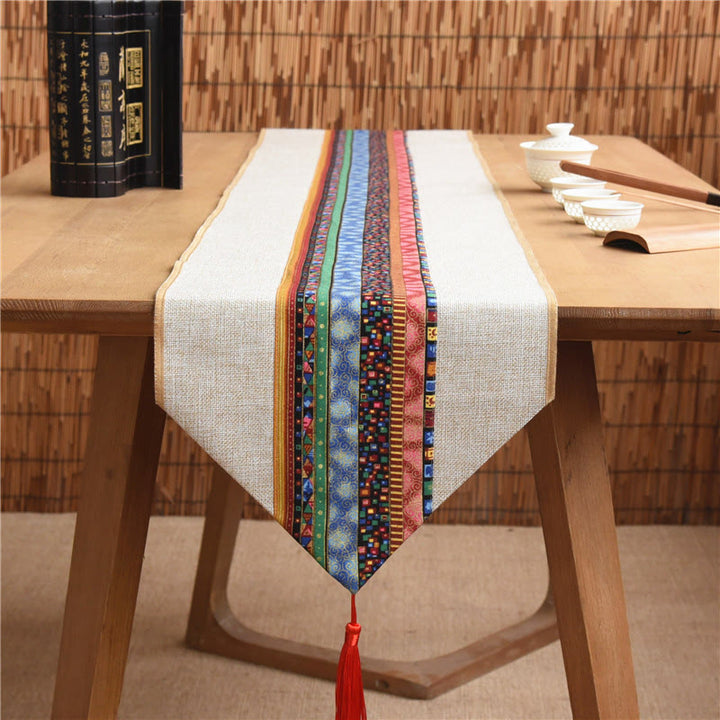 Chemin de table en coton et lin avec pompons, Buddha Stones, style chinois classique, lotus, poisson koï, fleur, grue, calligraphie, illumination