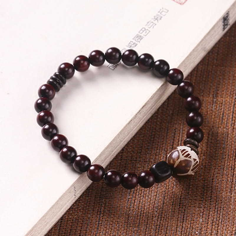 Bracelet double tour sculpté en Buddha Stones, petite feuille, bois de santal rouge, lotus, graine de Bodhi, protection