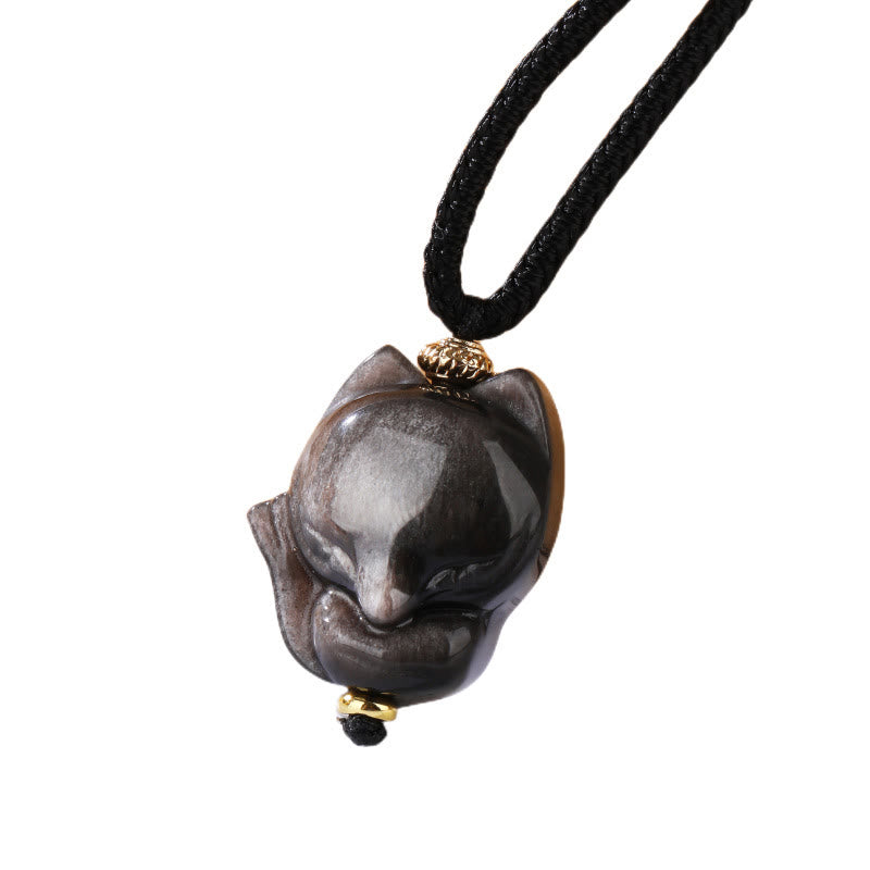 Collier pendentif de protection renard à neuf queues en obsidienne naturelle argentée et brillante de Buddha Stones