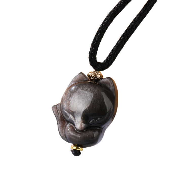 Collier pendentif de protection renard à neuf queues en obsidienne naturelle argentée et brillante de Buddha Stones